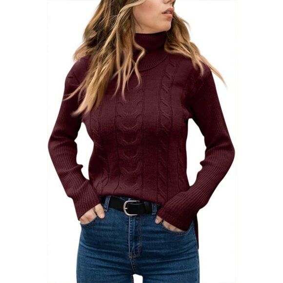 Womens Wine Pull On Cable Knit Turtleneck Long Sleeve Casual Warm Sweaters - Picture 2 of 2